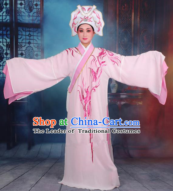 Top Grade Professional Beijing Opera Scholar Costume Niche Embroidered Light Pink Robe and Headwear, Traditional Ancient Chinese Peking Opera Butterfly Lovers Embroidery Clothing