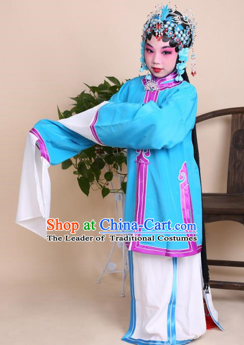 Top Grade Professional China Beijing Opera Costume Blue Dress, Ancient Chinese Peking Opera Diva Hua Tan Embroidery Clothing for Kids