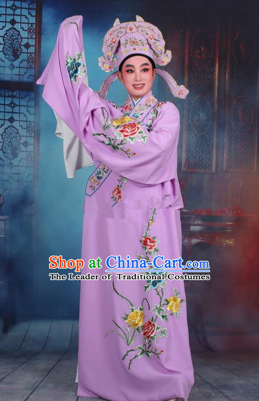 Top Grade Professional Beijing Opera Niche Costume Gifted Scholar Purple Embroidered Robe, Traditional Ancient Chinese Peking Opera Embroidery Clothing