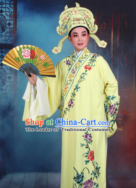 Top Grade Professional Beijing Opera Niche Costume Gifted Scholar Yellow Embroidered Robe, Traditional Ancient Chinese Peking Opera Embroidery Clothing