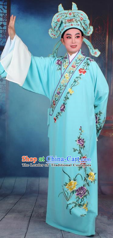 Top Grade Professional Beijing Opera Niche Costume Gifted Scholar Light Blue Embroidered Robe, Traditional Ancient Chinese Peking Opera Embroidery Clothing