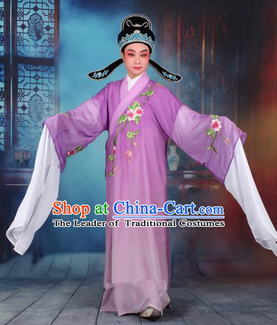 Top Grade Professional Beijing Opera Gifted Scholar Costume Niche Embroidered Purple Robe and Headwear, Traditional Ancient Chinese Peking Opera Embroidery Clothing