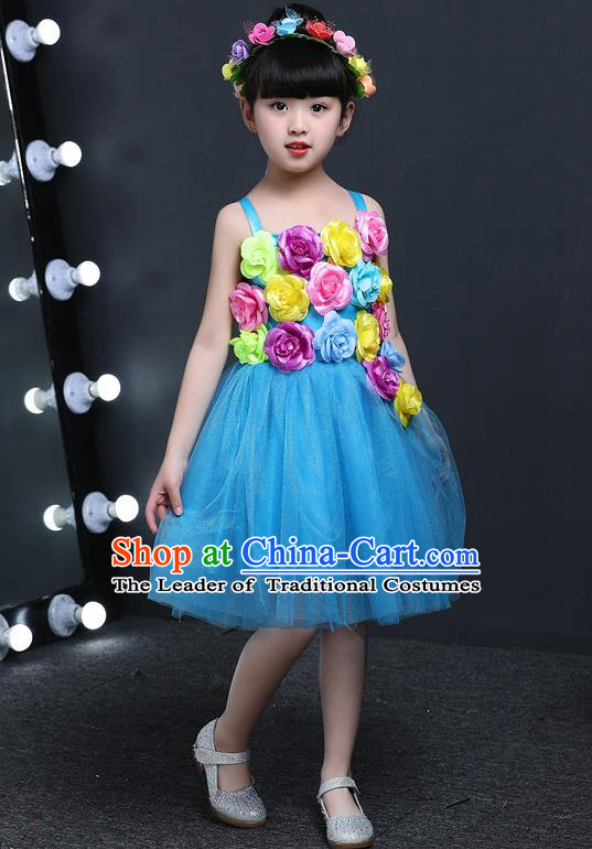 Top Grade Chinese Professional Performance Catwalks Costume, Children Princess Flowers Blue Veil Dress Modern Dance Clothing for Girls Kids