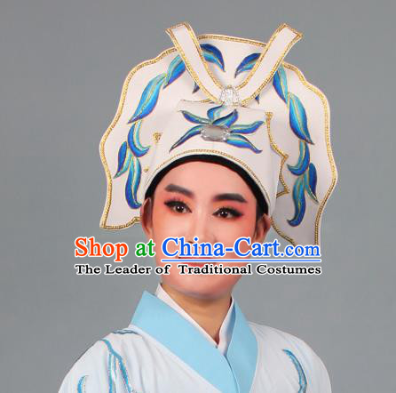 Top Grade Beijing Opera Niche Gifted Scholar Embroidered Blue Hat, Traditional Ancient Chinese Peking Opera Young Men Headwear