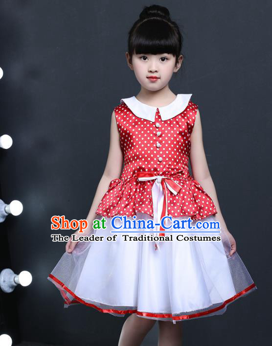 Top Grade Chinese Professional Performance Catwalks Costume, Children Princess Chorus Veil Red Dress Modern Dance Clothing for Girls Kids