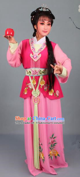 Top Grade Professional Beijing Opera Young Lady Costume Rosy Embroidered Dress, Traditional Ancient Chinese Peking Opera Maidservants Embroidery Clothing