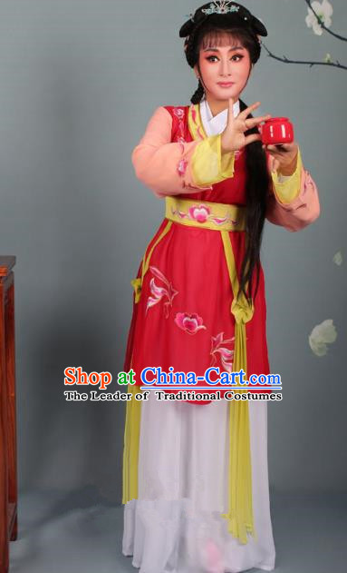 Top Grade Professional Beijing Opera Young Lady Costume Red Hua Tan Embroidered Dress, Traditional Ancient Chinese Peking Opera Maidservants Embroidery Clothing