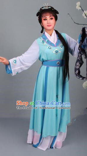 Top Grade Professional Beijing Opera Young Lady Diva Costume Handmaiden Blue Embroidered Dress, Traditional Ancient Chinese Peking Opera Maidservants Embroidery Clothing