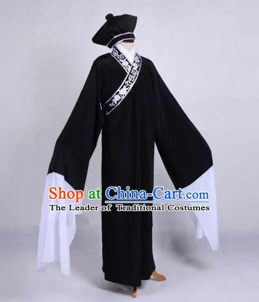 Top Grade Professional Beijing Opera Niche Costume Scholar Black Robe Priest Frock, Traditional Ancient Chinese Peking Opera Young Men Embroidery Clothing