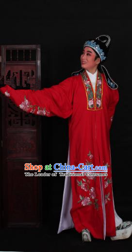 Top Grade Professional Beijing Opera Niche Costume Scholar Red Embroidered Robe and Shoes, Traditional Ancient Chinese Peking Opera Young Men Embroidery Peony Cape Clothing