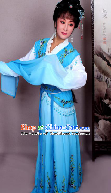 Top Grade Professional Beijing Opera Hua Tan Costume Nobility Lady Blue Embroidered Dress, Traditional Ancient Chinese Peking Opera Diva Embroidery Clothing
