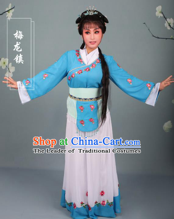 Top Grade Professional Beijing Opera Young Lady Costume Handmaiden Blue Embroidered Dress, Traditional Ancient Chinese Peking Opera Maidservants Embroidery Clothing