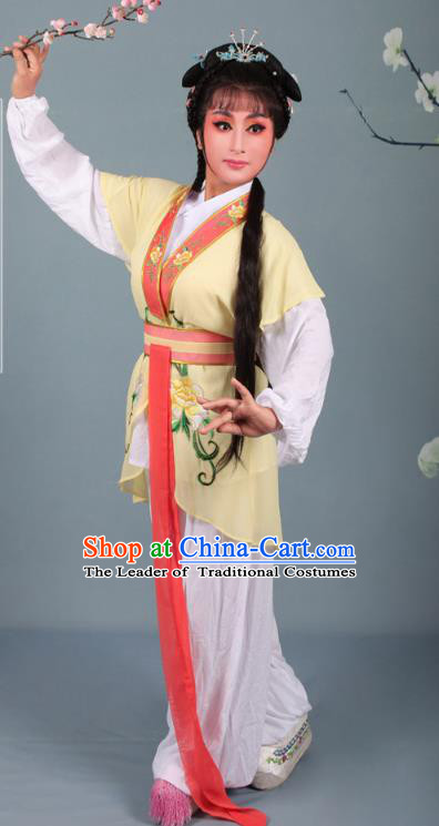 Top Grade Professional Beijing Opera Young Lady Costume Handmaiden Yellow Embroidered Suit, Traditional Ancient Chinese Peking Opera Maidservants Embroidery Clothing