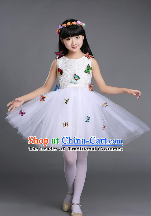 Top Grade Chinese Professional Performance Chorus Catwalks Costume, Children White Veil Bubble Butterfly Full Dress Modern Dance Dress for Girls Kids