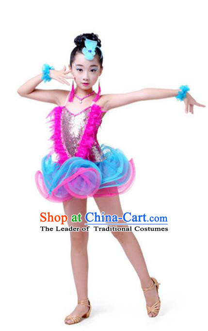 Top Grade Chinese Compere Professional Performance Catwalks Costume, Children Latin Dance Tassel Uniform Modern Dance Rosy Clothing for Girls Kids