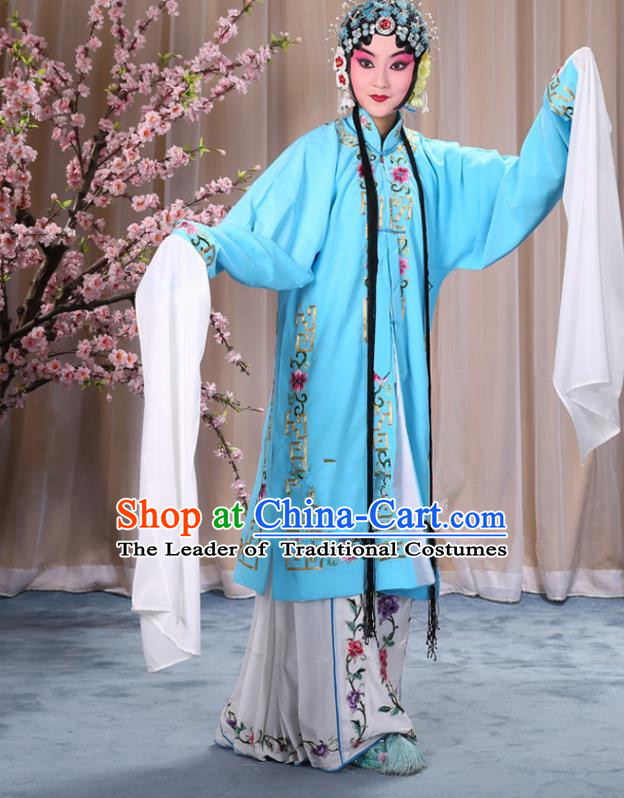 Top Grade Professional Beijing Opera Diva Costume Palace Lady Light Blue Embroidered Cape, Traditional Ancient Chinese Peking Opera Princess Embroidery Dress Clothing