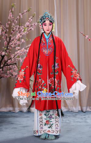Top Grade Professional Beijing Opera Imperial Consort Costume Hua Tan Red Embroidered Cape, Traditional Ancient Chinese Peking Opera Diva Embroidery Peony Clothing