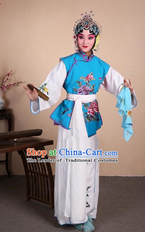 Top Grade Professional Beijing Opera Maidservants Costume Hua Tan Blue Embroidered Waistcoat, Traditional Ancient Chinese Peking Opera Diva Embroidery Dress Clothing