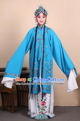 Top Grade Professional Beijing Opera Costume Hua Tan Blue Embroidered Orchid Cape, Traditional Ancient Chinese Peking Opera Diva Embroidery Dress Clothing