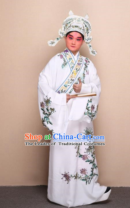 Top Grade Professional Beijing Opera Niche Costume Gifted Scholar White Embroidered Chrysanthemum Robe, Traditional Ancient Chinese Peking Opera Embroidery Clothing