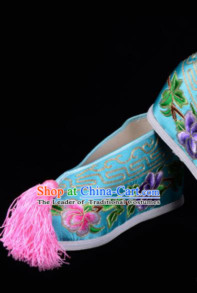 Top Grade Professional Beijing Opera Hua Tan Embroidered Peony Hidden Elevator Light Blue Satin Shoes, Traditional Ancient Chinese Peking Opera Diva Princess Blood Stained Shoes