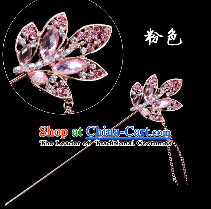 Traditional China Beijing Opera Hua Tan Hair Accessories Pink Crystal Leaf Hairpin, Ancient Chinese Peking Opera Tassel Step Shake Women Hairpins Diva Temple Kanzashi Headwear