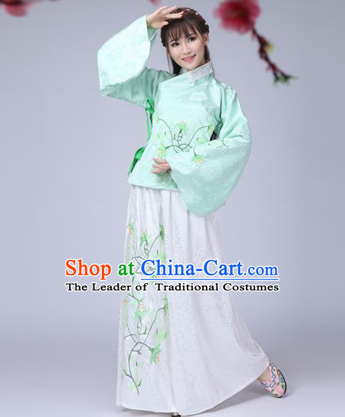 Traditional Ancient Chinese Ming Dynasty Imperial Princess Dance Costume Green Blouse and Skirt, Elegant Hanfu Chinese Ancient Young Lady Sleeve Placket Embroidered Clothing for Women
