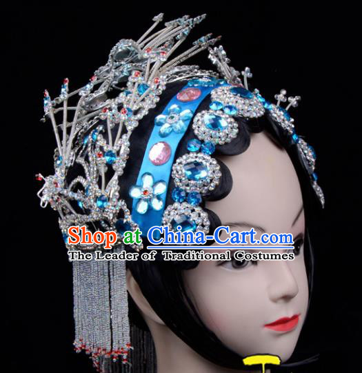 Traditional China Beijing Opera Palace Princess Hair Accessories Blue Crystal Head-ornaments Complete Set, Ancient Chinese Peking Opera Tassel Step Shake Women Hairpins Diva Kanzashi Headwear