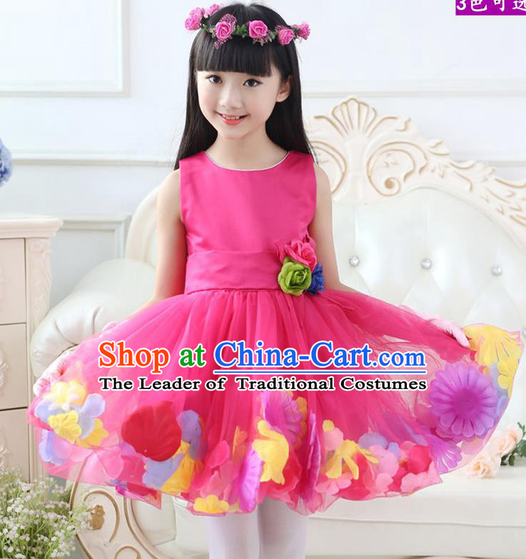 Top Grade Chinese Compere Professional Performance Catwalks Costume, Children Flowers Bubble Dress Modern Dance Rosy Dress for Girls Kids