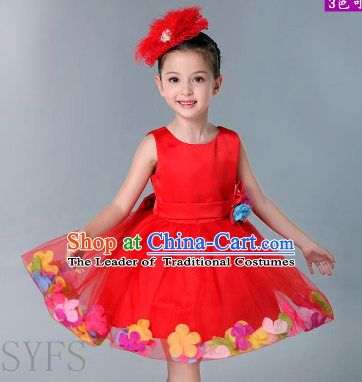 Top Grade Chinese Compere Professional Performance Catwalks Costume, Children Flowers Bubble Dress Modern Dance Red Dress for Girls Kids