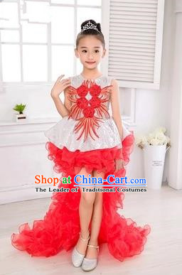 Top Grade Chinese Compere Professional Performance Catwalks Costume, Children Flower Faerie Veil Bubble Dress Modern Dance Red Tailing Dress for Girls Kids
