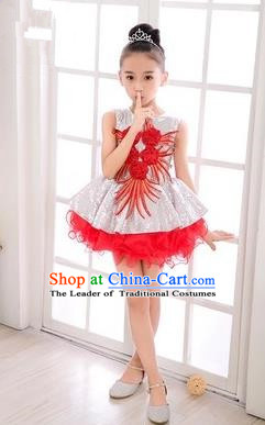 Top Grade Chinese Compere Professional Performance Catwalks Costume, Children Red Veil Bubble Dress Modern Dance Dress for Girls Kids
