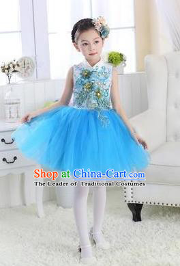 Top Grade Chinese Compere Professional Performance Catwalks Costume, Children Modern Dance Blue Veil Bubble Dress for Girls Kids