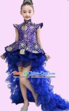 Top Grade Chinese Compere Professional Performance Catwalks Costume, Chinese Children Blue Veil Bubble Dress Drum Dance Tailing Dress for Girls Kids