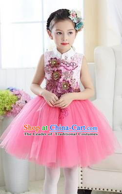 Top Grade Chinese Compere Professional Performance Catwalks Costume, Children Modern Dance Pink Veil Bubble Dress for Girls Kids