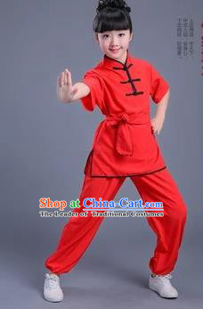 Traditional Chinese Classical Dance Martial Arts Costume, Children Folk Dance Drum Dance Uniform Kung Fu Red Clothing for Kids