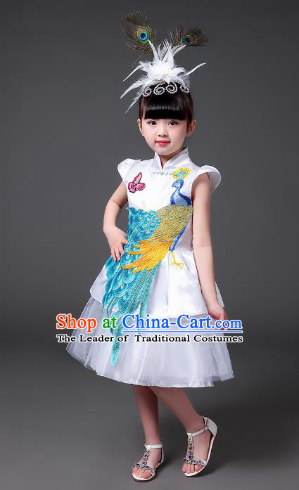 Top Grade Chinese Professional Performance Catwalks Costume, Children Modern Dance Embroidery Peacock White Veil Bubble Dress for Girls Kids