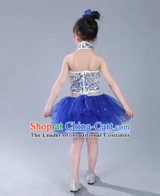 Top Grade Chinese Compere Professional Performance Catwalks Costume, China Jazz Dance Modern Dance Blue Veil Princess Dress for Kids