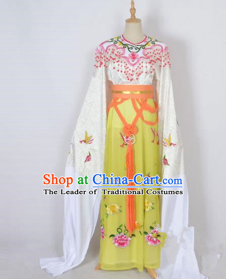 Traditional Chinese Professional Peking Opera Shaoxing Opera Embroidery Costume, China Beijing Opera Female Diva Clothing Zhu Yingtai Yellow Long Robe Dress
