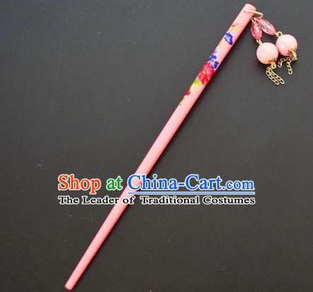Traditional Handmade Chinese Classical Peking Opera Tassel Pink Hair Stick Hair Accessories, China Beijing Opera Step Shake Wood Hairpins