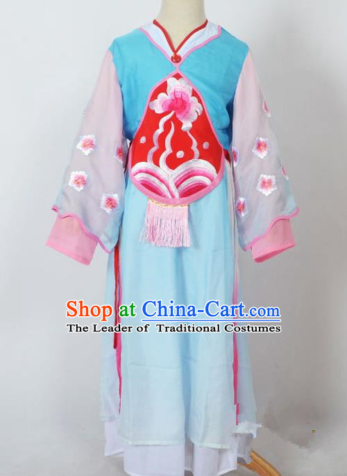 Traditional Chinese Professional Peking Opera Sitting Children Costume, China Beijing Opera Seventh Fairy Blue Uniform Princess Embroidery Dress Clothing