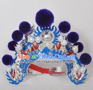 Traditional Handmade Chinese Classical Peking Opera Blues Accessories Purple Venonat Hat, China Beijing Opera Swordplay Warriors Blue Headwear