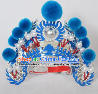Traditional Handmade Chinese Classical Peking Opera Blues Accessories Blue Venonat Hat, China Beijing Opera Swordplay Warriors Blue Headwear