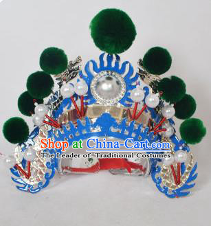 Traditional Handmade Chinese Classical Peking Opera Blues Accessories Green Venonat Hat, China Beijing Opera Swordplay Warriors Blue Headwear