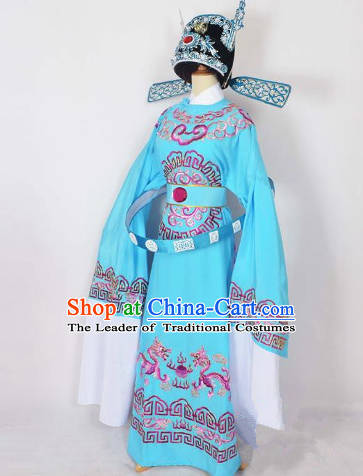 Traditional Chinese Professional Peking Opera Emperor Female Son-in-law Costume Blue Embroidered Robe and Hat, China Beijing Opera Niche Embroidered Clothing