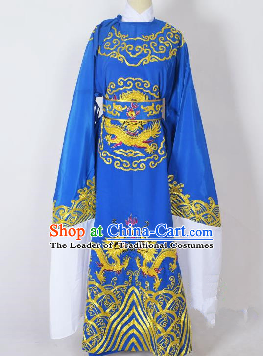 Traditional Chinese Professional Peking Opera Old Men Costume Blue Embroidery Robe, China Beijing Opera Niche Emperor Embroidered Robe Clothing