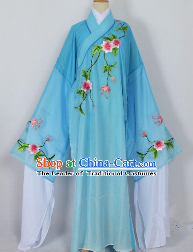 Traditional Chinese Professional Peking Opera Young Men Niche Water Sleeve Costume Blue Embroidery Robe, China Beijing Opera Nobility Childe Scholar Embroidered Clothing