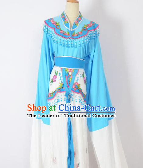 Traditional Chinese Professional Peking Opera Huangmei Opera Young Lady Princess Costume Blue Embroidery Dress, China Beijing Opera Diva Hua Tan Embroidered Clothing