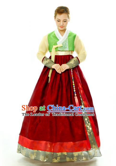 Traditional South Korean Handmade Hanbok Embroidery Red Wedding Full Dress, Top Grade Korea Hanbok Bride Costume Complete Set for Women