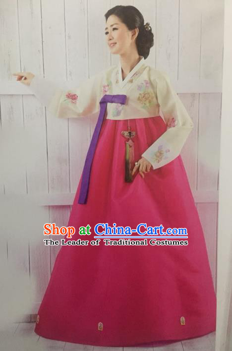 Traditional South Korean Handmade Hanbok Customization Mother Clothing Embroidery Rosy Dress, Top Grade Korea Wedding Royal Hanbok Costume for Women